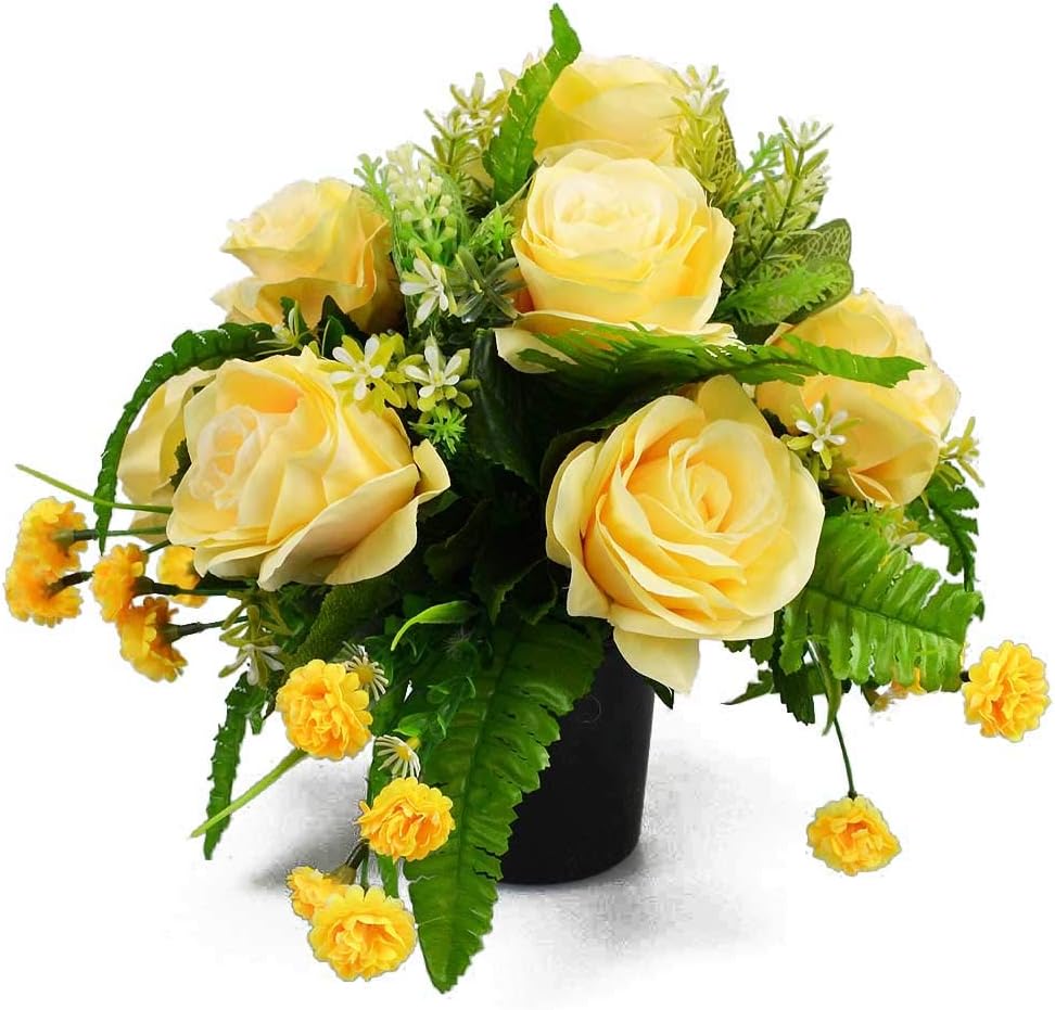 Artificial Flower Graveside Pot with Yellow Roses Cemetery Memorial