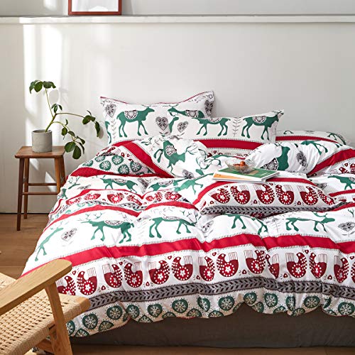 Uozzi Bedding King Duvet Cover Set Christmas Deer with Snowflake Red and Green Style 800 - TC Luxury Hypoallergenic 1 Microfiber Comforter Cover with 2 Pillow Shams for Holiday New Year Gift Choice - Thumbnail 6