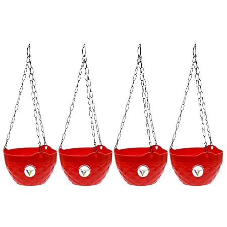 Vinshra Diamond Hanging Flower Pots with Hook Chain (Set of 4) (Red)