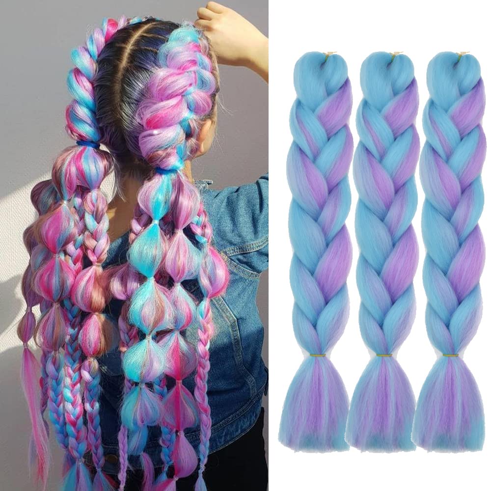 FANWYFYU Ombre Braiding Hair, 3 Packs Ombre Jumbo Braiding Hair 24 inch Professional Hair Extension For Women Crochet Twist Braids Synthetic Hairlight （purple-light blue） — image 1
