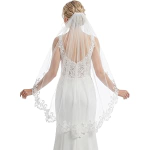 Dimioaoa Ivory White Wedding Bridal Veil with Comb, 1 Tier Fingertip Length Floral Edge Bridal Veil, Lace Bride Wedding Veil