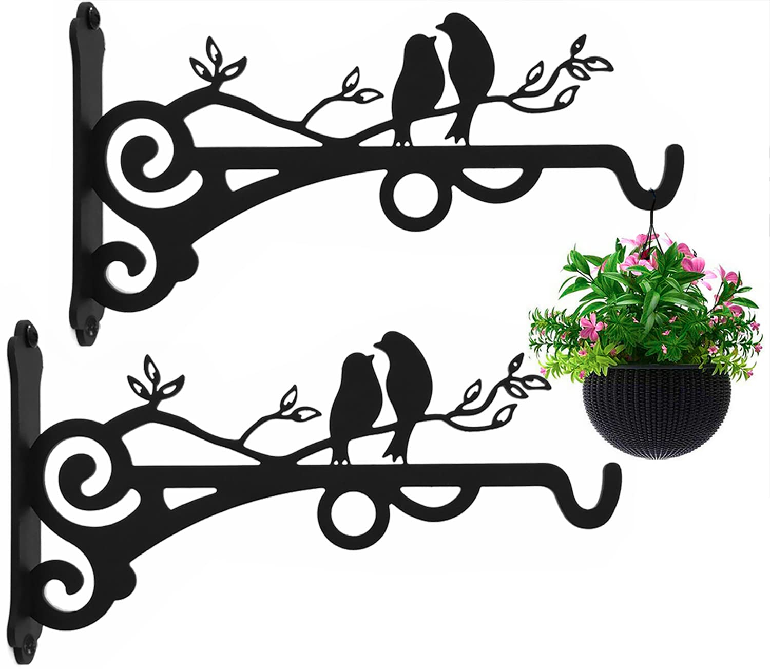 Qktxktzy Sturdy Hanging Basket Brackets for Plants, Heavy Duty Solid Metal Hangers Outdoor Indoor Decor, Wall Mounted Hooks for Garden Flowers/Chimes/Lantern/Light/Bird Feeder, Pack of 2 Black