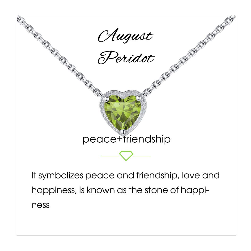 Qings Birthstone Heart Necklaces, 925 Sterling Silver August Birthstone Pendant Necklace, Adjustable Chain Gift Box, 12 Months Jewellery for Women Valentines Gift for Her Wife Girls Birthday Wedding