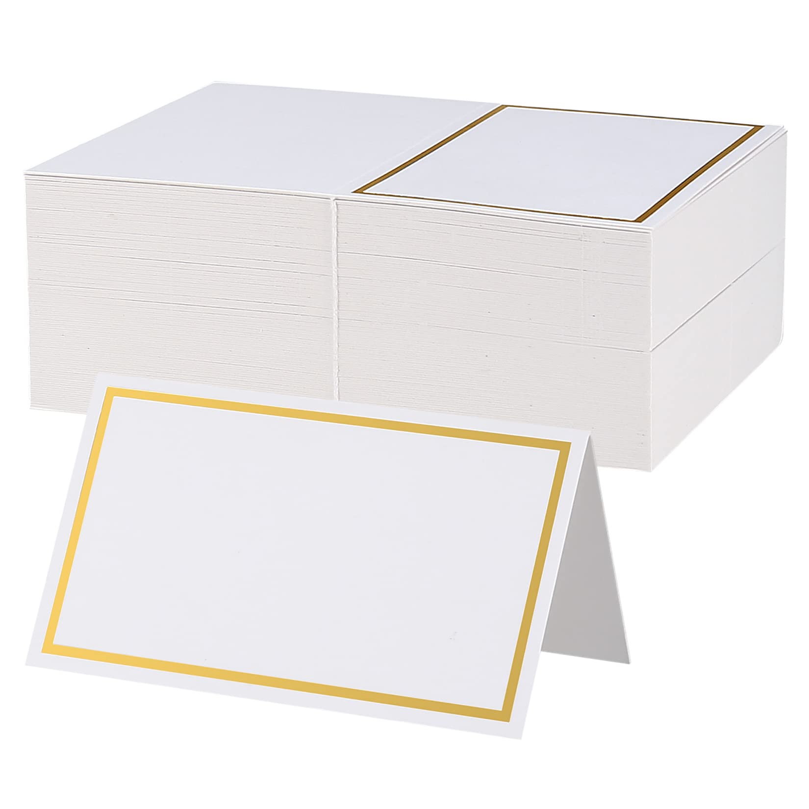100 Pcs Table Place Cards, White Blank Tent Card Name Cards with Gold Foil Border, Wedding Place Card for Weddings Banquets Events Table Setting Party Dinner Reception Seating