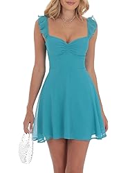 Women Summer Ruffle Sleeve Mini Dresses Solid Color