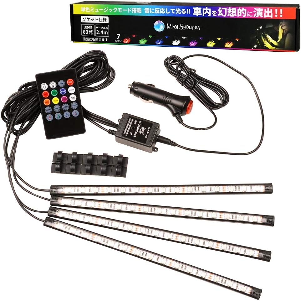 Amazon Mirai Syounen Ledテープ 60発 後部座席まで届く2 4mケーブル ソケット式 Led60発 ライト 照明アクセサリー 車 バイク
