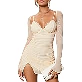 HTZMO Women Sexy Long Sleeve Mini Dress V Neck Bodycon Ruched Club Party Going Out Dresses