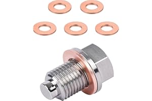 povtii M12 x 1.75 Magnetic Oil Drain Plug, Stainless Steel Sump Drain Nut Bolt with 5 Crush Washer Gaskets, Leak-proof Oil Drain Plug Replacement for Most Vehicles, Car Accessories