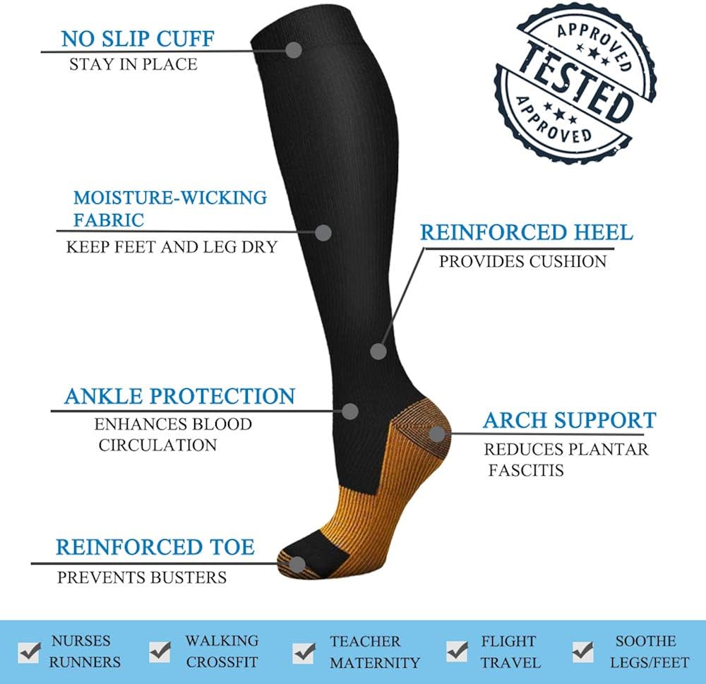 8 Pack Copper Knee High Compression Socks For Men & Women-Best For Running, Athletic, Medical, Pregnancy and Travel -15-20mmHg : Clothing