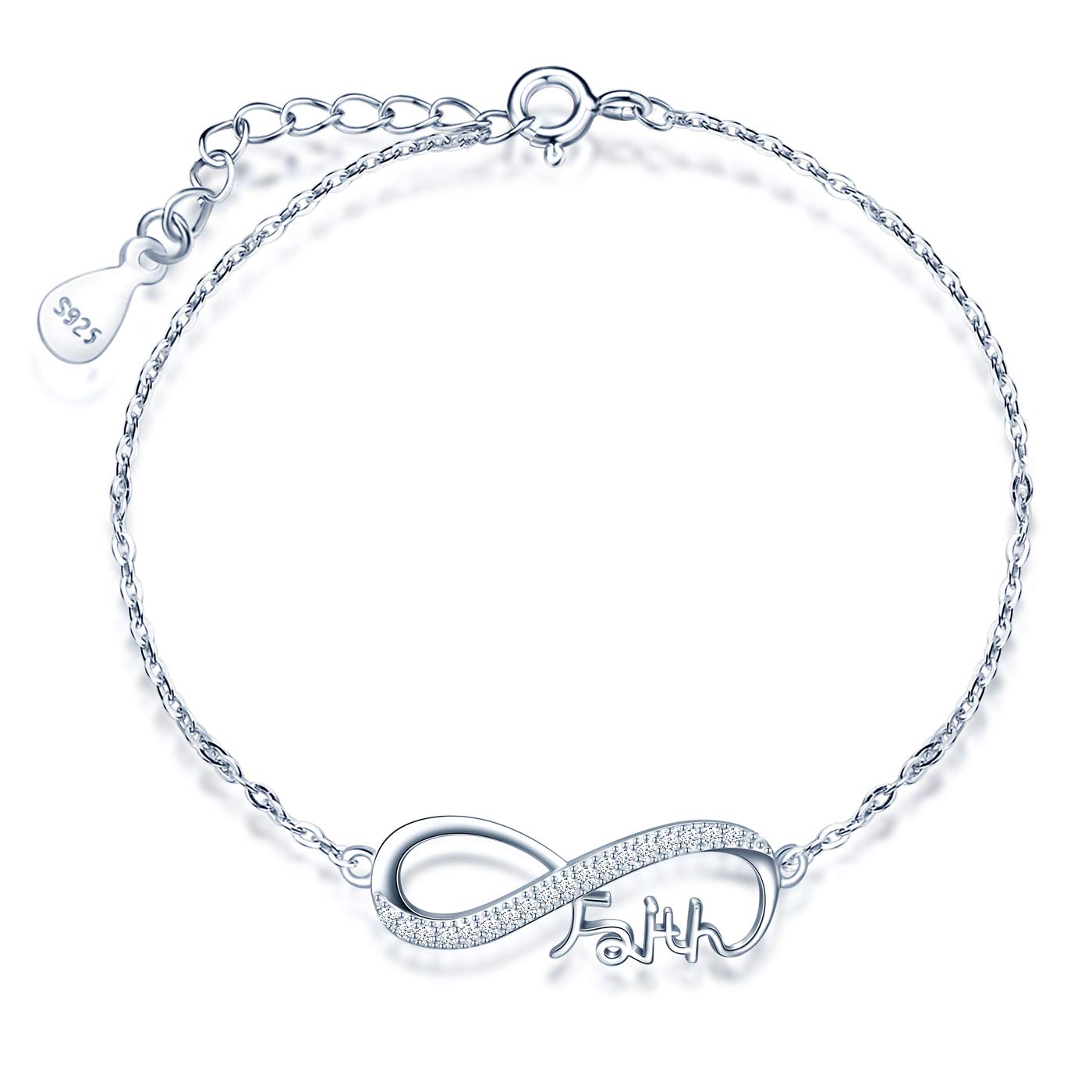 INFINIONLY Women's Girl's 925 sterling silver Bracelet, Infinity symbol and "Faith" letter, Inlaid zircon, silver, Christmas Mother's Day Valentine's Day and Birthday gift