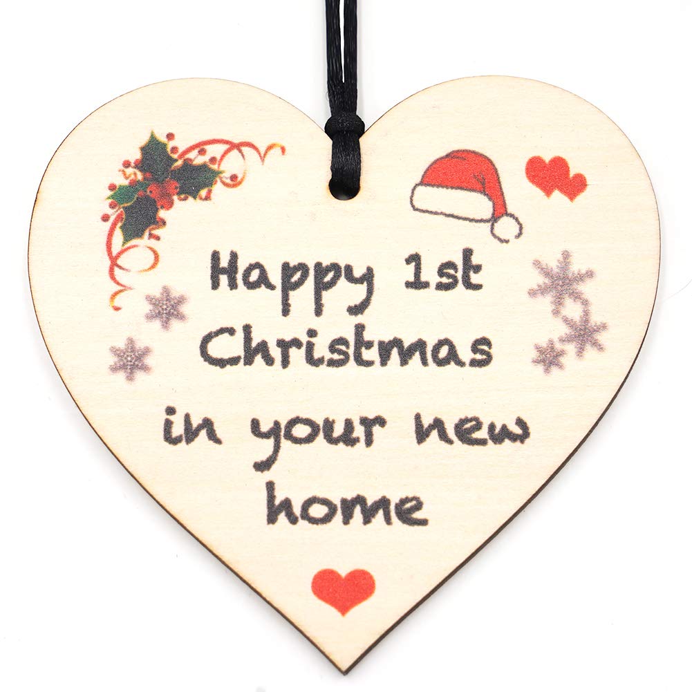 HONZEE Happy 1st Christmas in New Home Heart Plaque, Rustic Wooden Christmas Ornament, Housewarming Gift for Friends