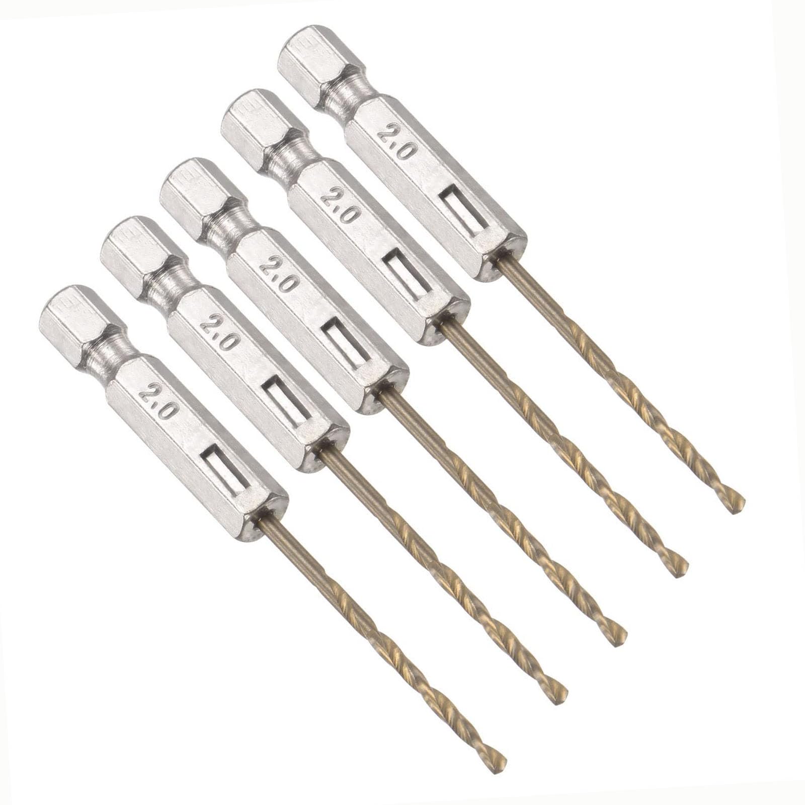 TOP-VIGOR 5Pcs 2mm HSS Hex Shank Twist Drill Bits, High Speed Steel Drill Bit Set 1/4 Inch Shank, Quick Change Drill Bits for Steel, Wood, Plastic, Aluminum