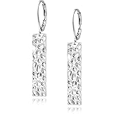 Elaximn Silver Hammered Dangle Earrings for Women, Hypoallergenic French Leverback Drop Dangle Earrings Lightweight Handmade Boho Long Square Bar Jewelry for Women Gifts