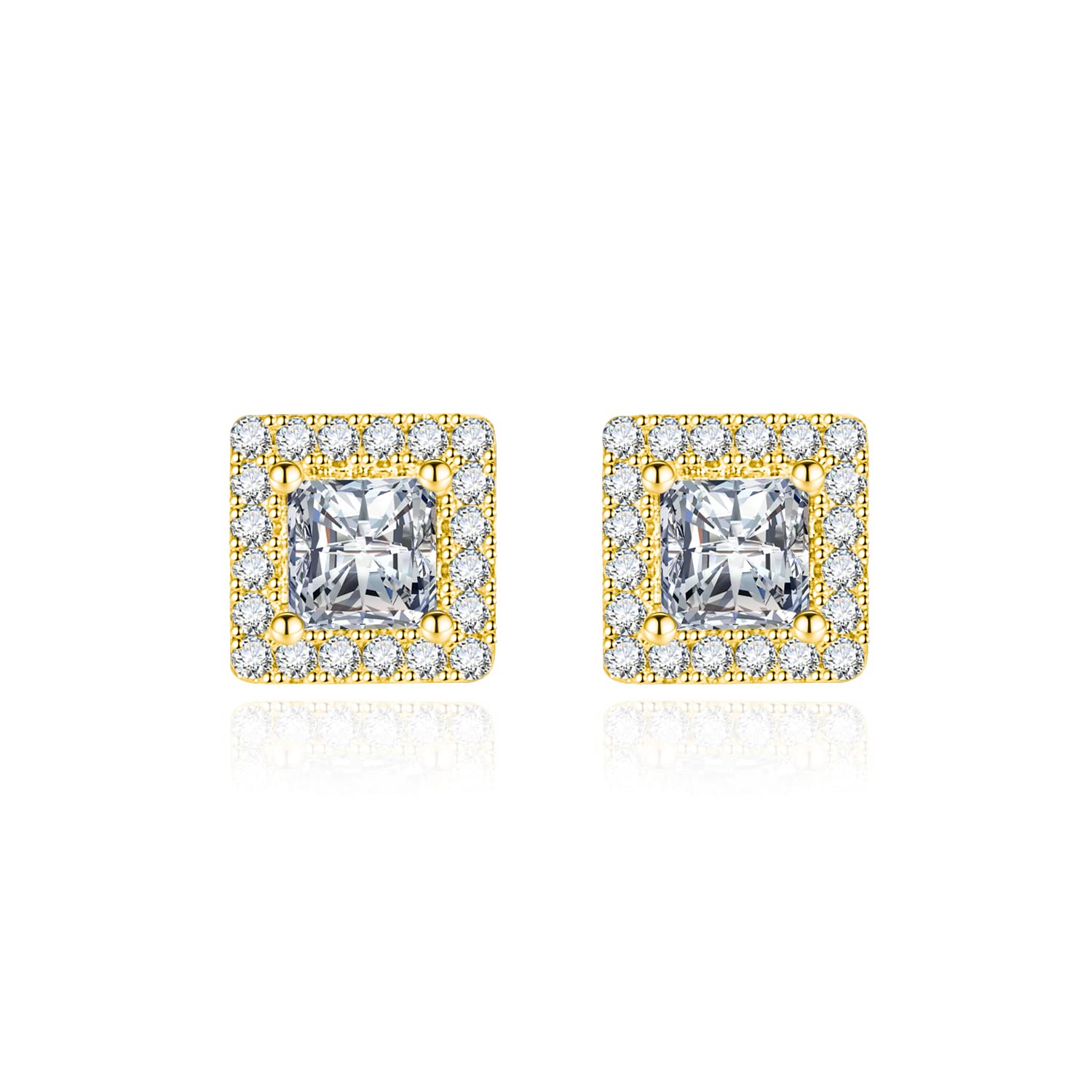 Shuxin 925 Sterling Silver Stud Earrings for Women, Sterling Silver Square Cubic Ziconia Stud Earrings, Silver Princess Stud Earrings for Women Girl, Yellow Gold Plated Square Princess Diamond Earring
