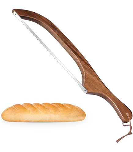 thumbnail image 2 of CRNXOMP Serrated Bread Bow Knife For Right Or Left-Handed,Stainless Steel Bread Cutting Tool,15.7in Fiddle Bow Handle Design Bread Slicer,Sourdough Slicer Knife For Homemade Bagels Bread Baguettes 2 of 12