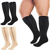 MEJORMEN 2 Pairs Plus size Zipper Compression Socks 15-25 mmHg Calf Knee High Compression Stockings for Overweight Women Men