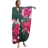floral Kaftan Dresses for Women Plus size Beach cover up wave neck Batwing sleeve