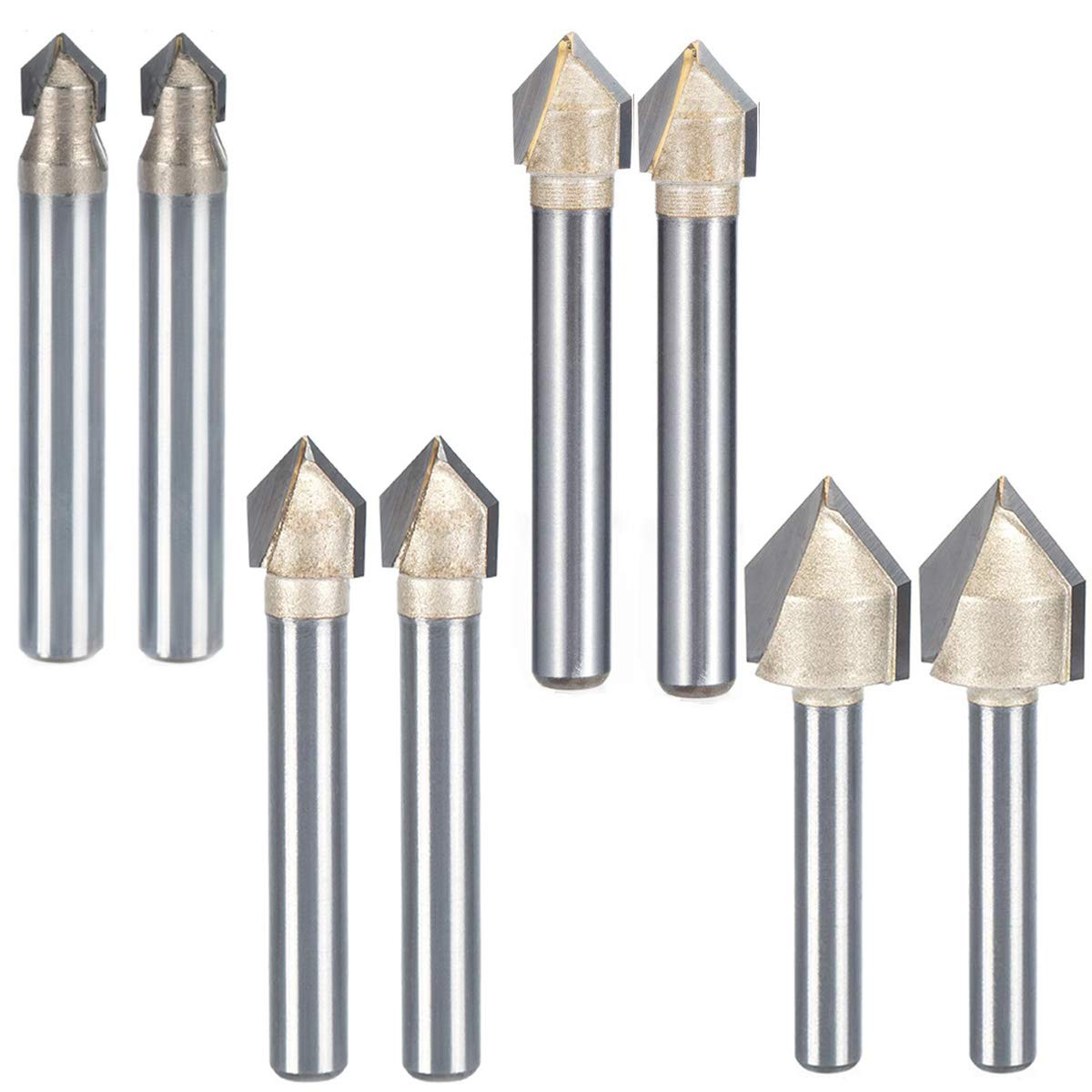 6Pcs 1/4" Shank 1/4" 5/16" 3/8" 1/2"Cutting Diameter Wood Router Bit CNC V Type Slot Cutter 90 Degree Bit Set Engraving V Groove Woodworking Cutting Tools, Sliver