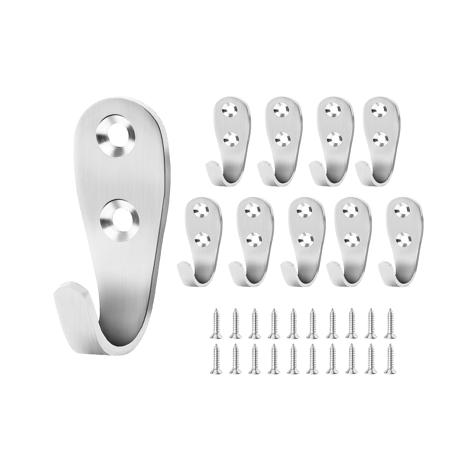 Heavy Duty Coat Hooks, 10pcs Stainless Steel Single Robe Towel Coat Hook, Metal Silver Wall Mounted J Hook with Screws for Kitchen, Bedroom, Bathroom, Office, Hanging Clothes, Robe, Towel, Hat