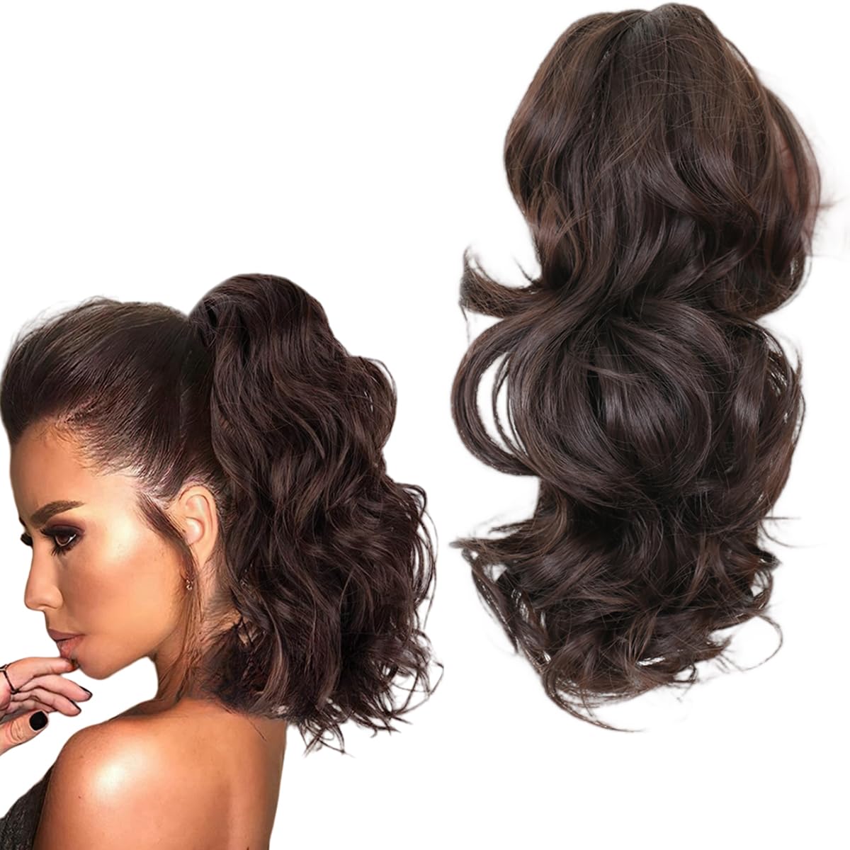 prinfantasy Hair Extension 11 Inches Ponytail Silky Straight Hair Extensions Clip In On Wrap Around Ponytail Hairpieces Wave Hair Curly Wigs for Women Dark Brown 27CM,GBMW294