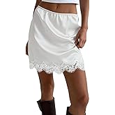 Women Lace Satin Mini Skirt Y2K Lace Trim Silk Slip Skirt Low Rise Bodycon Short Underskirt Streewear