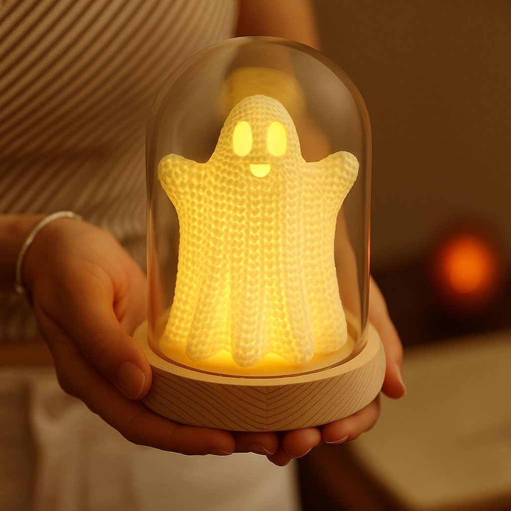 Photo 1 of Halloween Ghost Light in Glass Dome with Wooden Base, Cute Lighted Ghost Figurine Decor for Indoor Tabletop, Mantel, or Shelf Display