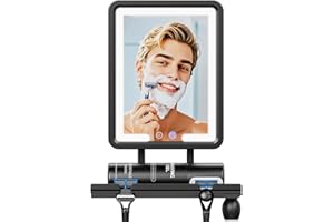 EEUUTY Heated Shower Mirror Fogless for Shaving 2025 New, 3 Colors Stepless Dimmable Lights Anti Fog Shower Mirror, Fog Free Mirror for Shaving with Razor Holder for Men, NO-Drilling, Removable - Black