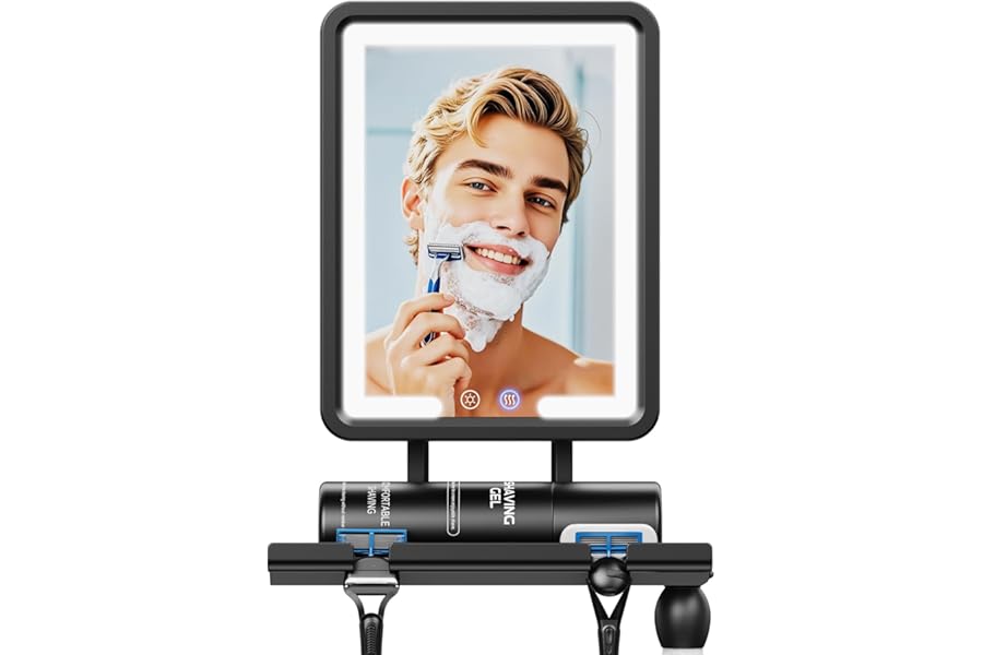Heated Shower Mirror Fogless for Shaving 2025 New, 3 Colors Stepless Dimmable Lights Anti Fog Shower Mirror, Fog Free Mirror for Shaving with Razor Holder for Men, NO-Drilling, Removable – Black