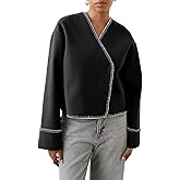 VAOYIU Women's Casual Jacket V Neck Button Down Cardigan Coat Cropped Contrast Color Outwear