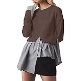 Ardrem Women Slit Crewneck Patchwork Sweater Asymmetrical Hem 2 in 1 Pullover Button Down Knit Sweater Striped Shirts Top