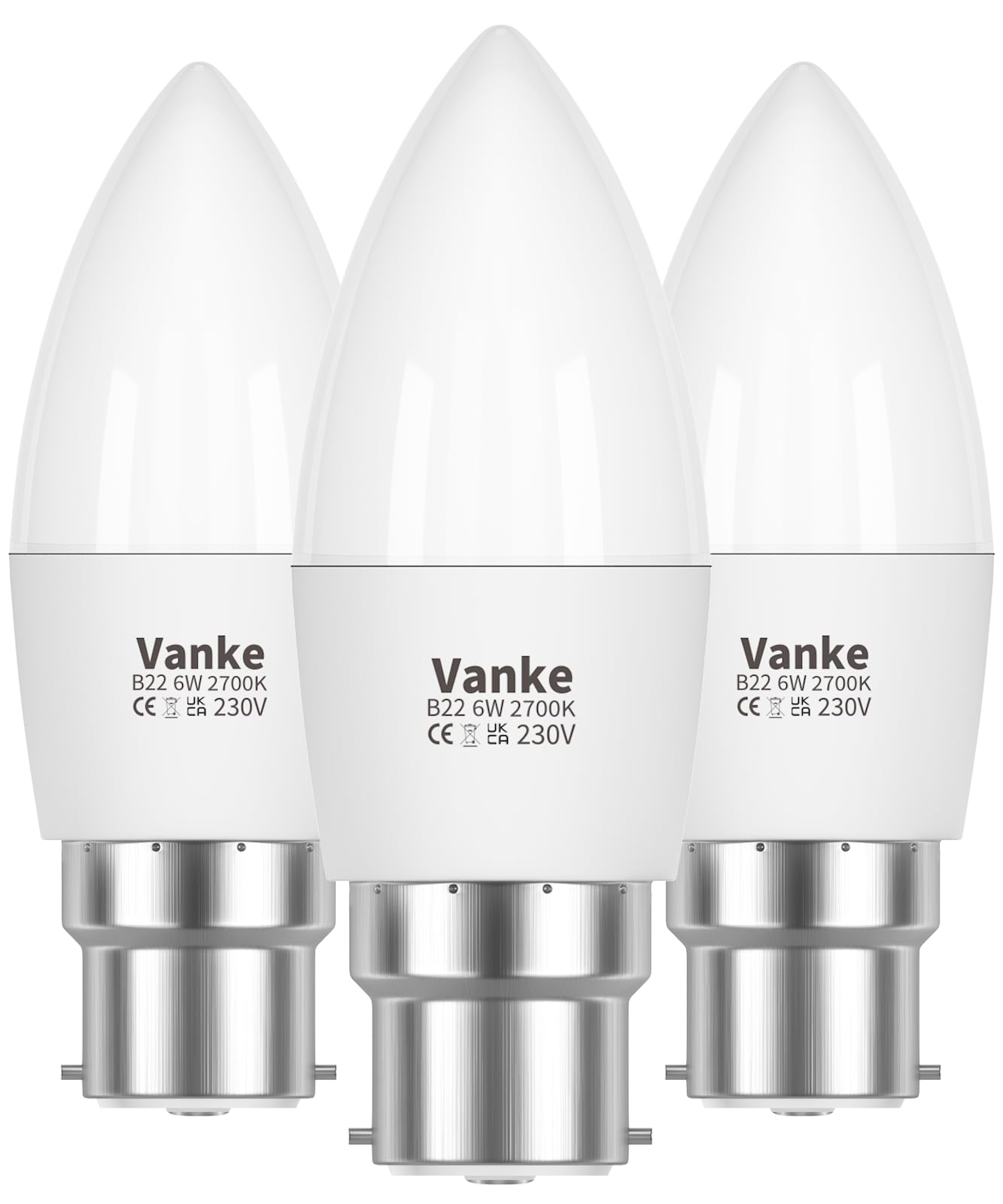Vanke Bayonet Candle Light Bulb 40w Equivalent, B22 LED Bulbs Warm White 2700K, 6w Energy Saver Bulb, 470 Lumen, Non-Dimmable, 3-Pack