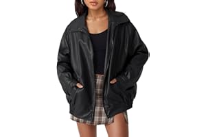hathne Women's Oversized Leather Jackets Faux Zip Up Fall Fashion Motorcycle Jackets Coats Winter Clothes