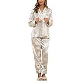 BestWendding Womens Satin Pajama Set Soft Long Sleeve Button Down Sleepwear 2 Piece Striped Lounge Sets with Pocket