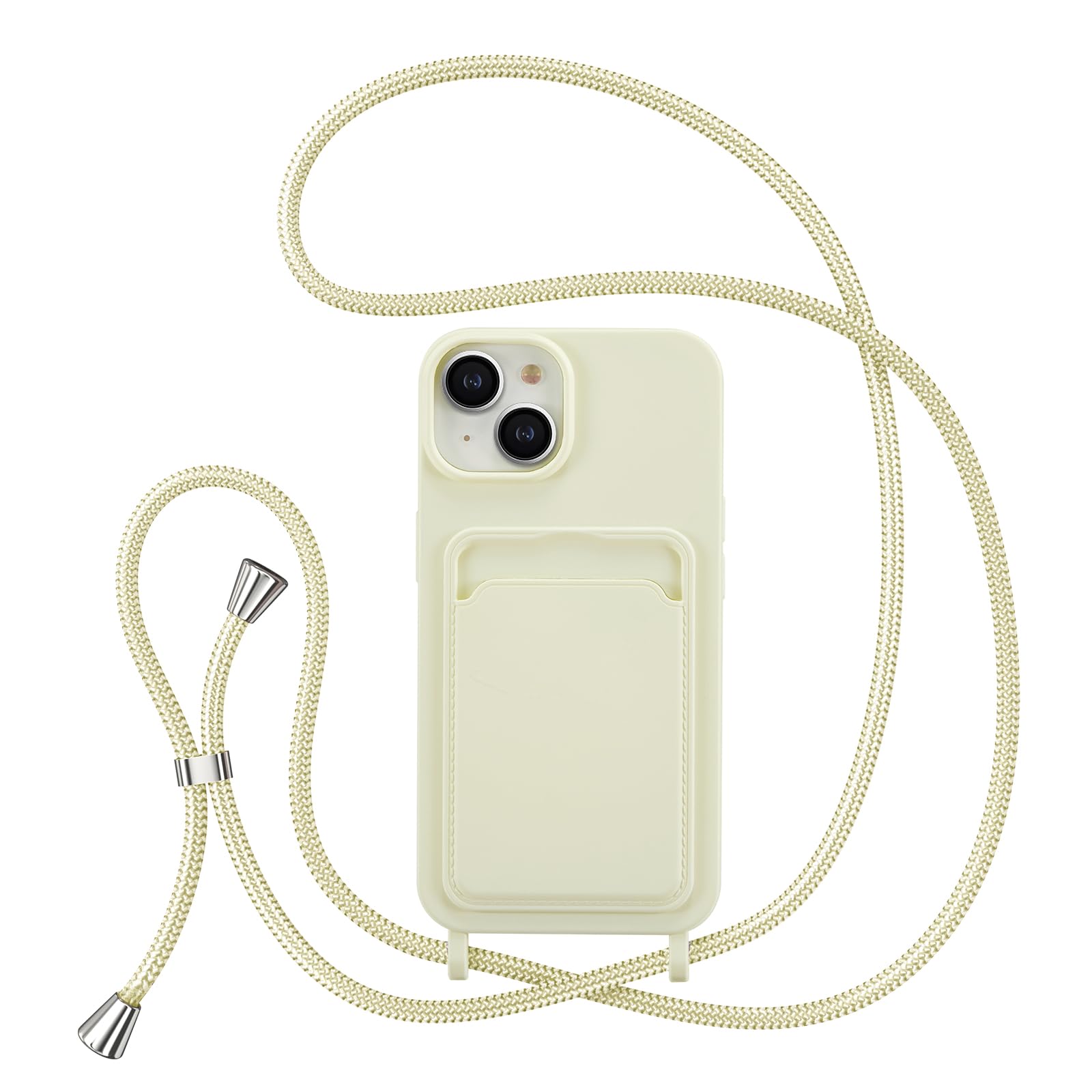 ZTOFERA Crossbody Lanyard Case for iPhone 15 (6.1") with Card Holder, Soft Liquid Silicone Phone Case with Strap Adjustable Neck Cord Necklace Shockproof Protective Cover - Beige