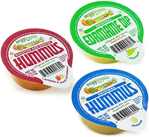 Veggicopia Dips, Variety Pack in 2.5oz Single Serving Cups (Pack of 12), No Refrigeration Required, Includes Original Hummus, Roasted Red Pepper Hummus, Edamame Dip