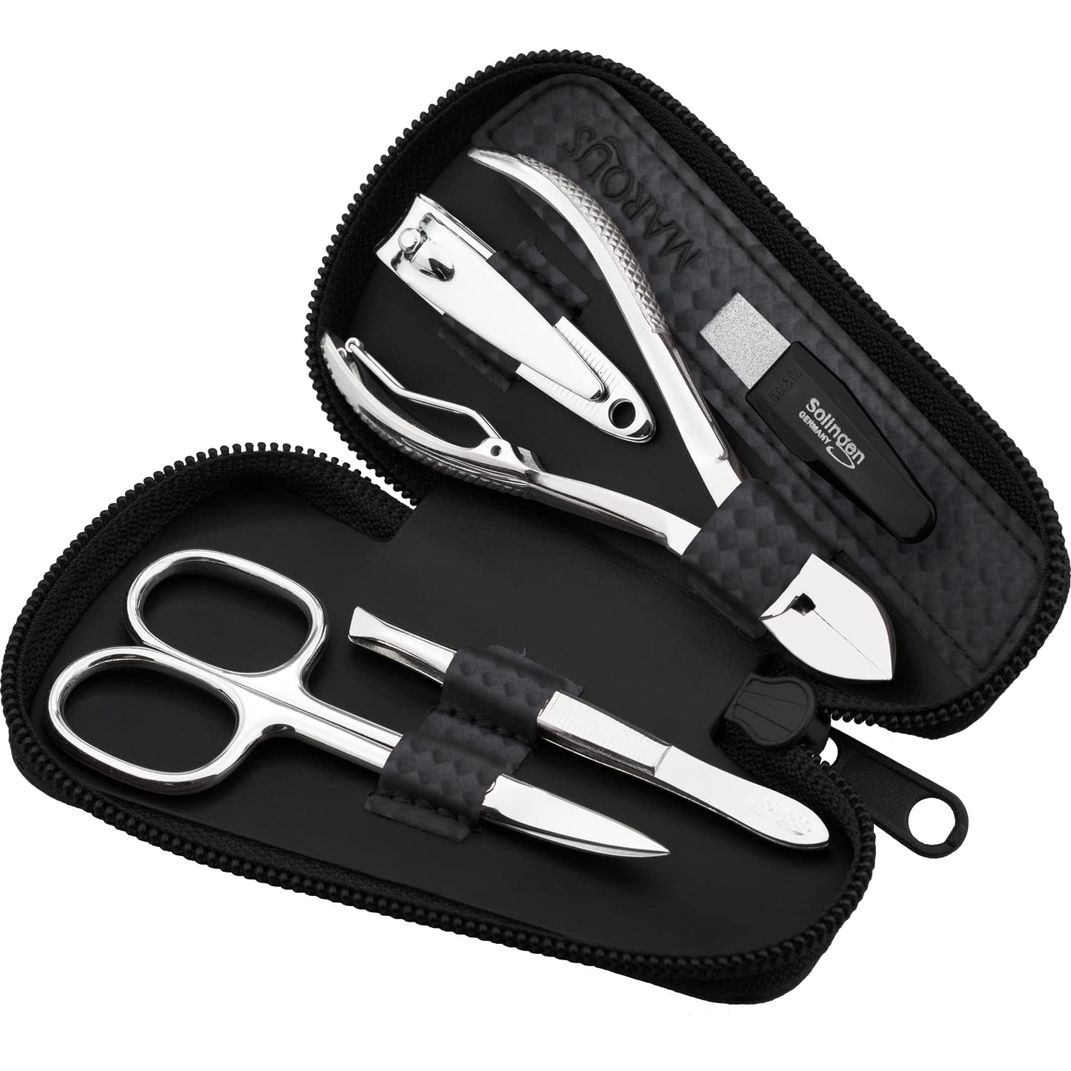 Marqus Manicure Set for Women and Men - 5-Piece Grooming Kit with Nail Nippers and Clippers - Fashion Leather Case - Perfect for Travelling or as a Gift, Carbon