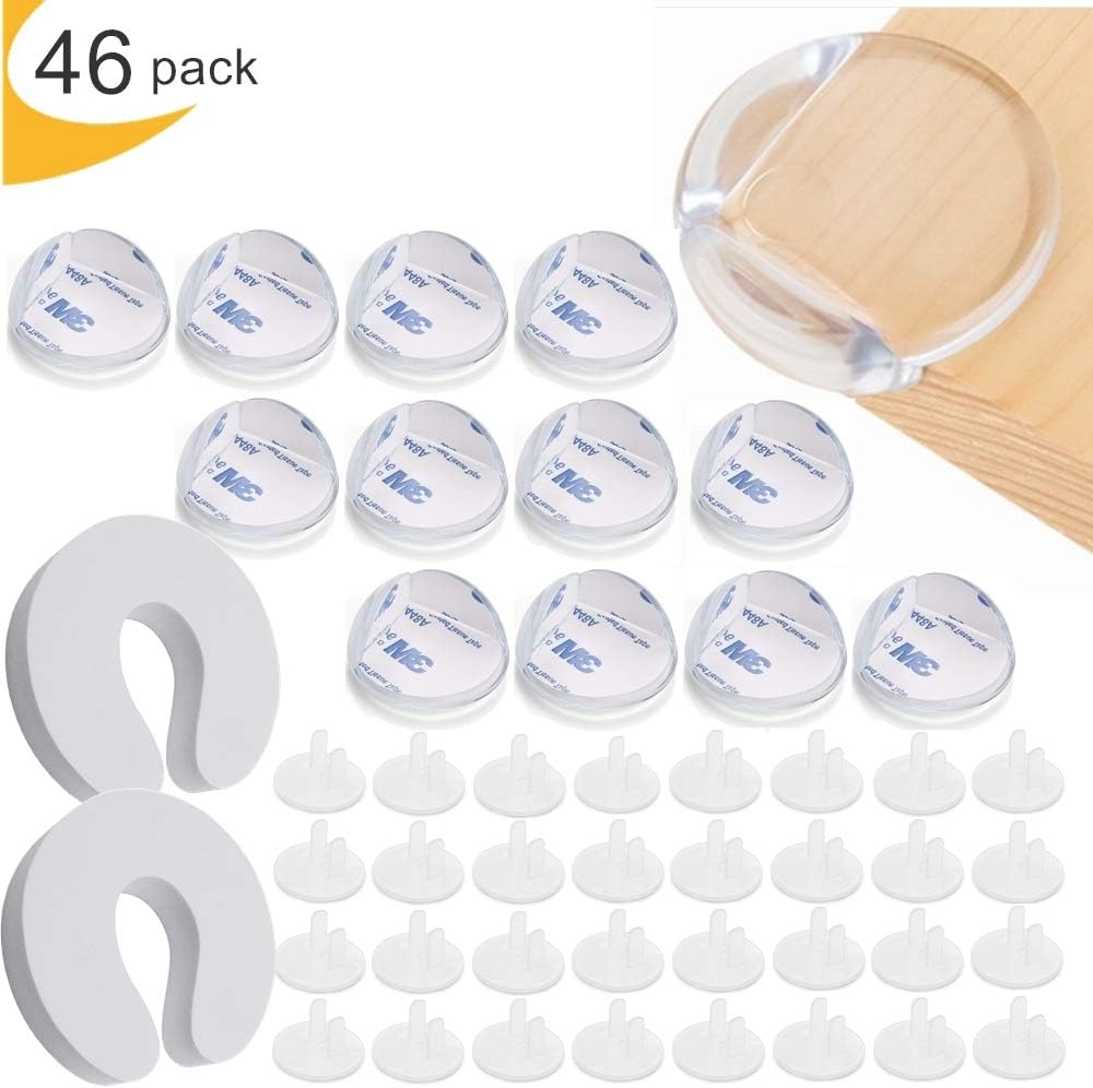 Baby Safety kit-Clear Outlet Plug Covers (32 Pack) + Corner Protector (12 Pack) + Finger Pinch Guard (2Pack) Prevent electrocution Accidental Shock Child Head Injuries Table Corner Safety Assistant