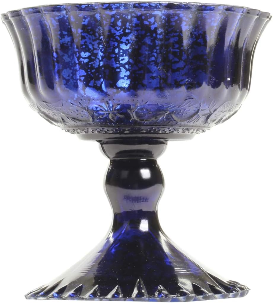 Koyal Wholesale Compote Bowl Centerpiece Mercury Glass Antique Pedestal Vase, Floral Centerpiece, Wedding, Bridal Shower, Home Décor (4.5" x 4.5", Navy Blue)