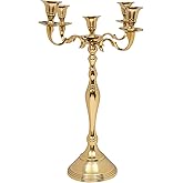 Metal Candelabra Five Arm Decorative Candlestick Holder for Weddings, Events, Dining Table Centerpiece Decoration, Halloween, Thanksgiving, Christmas, New Year & Everyday Use - 16 Inch Tall - Gold