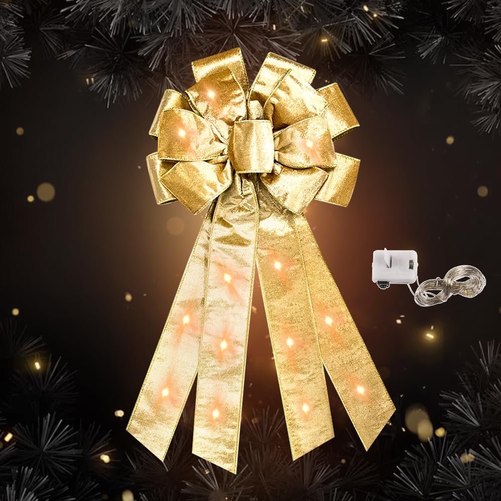 Bows & Ribbons - Hying Large LED Christmas Bows for Wreath, Merry Christmas LED Wreath Bow Champagne Velvet Bows with LED Lights Xmas Tree Topper Bows for Front Door Happy New Year Christmas Party Decoration Supplies