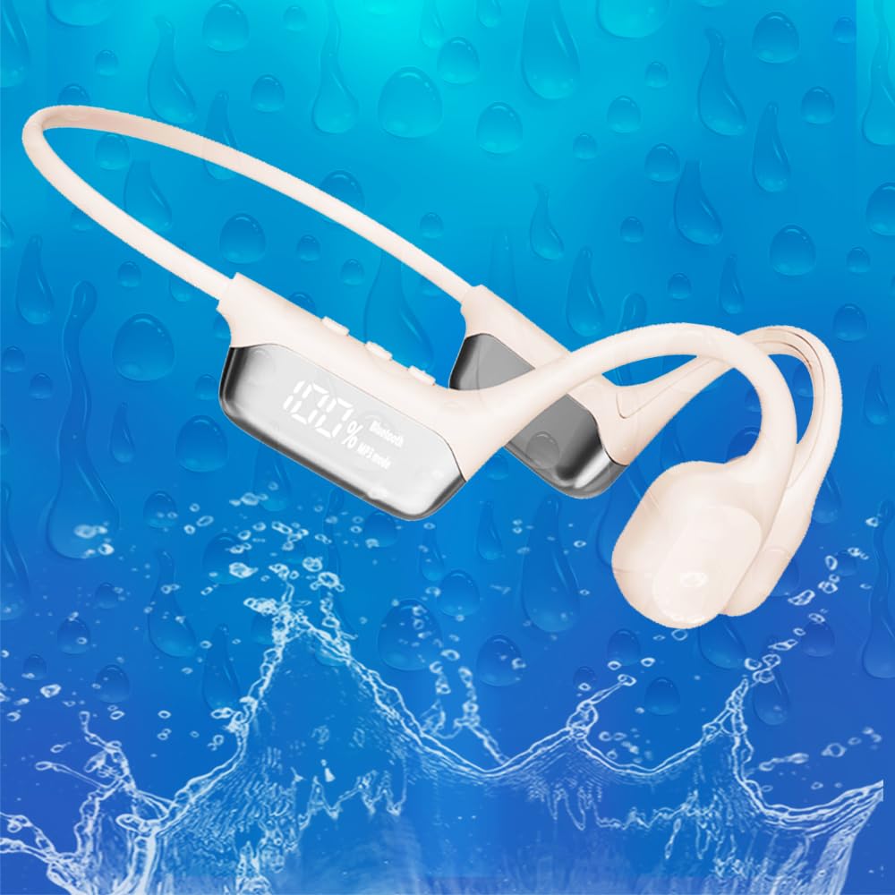 Photo 1 of DHBY Swimming Headphones Bone Conduction Open Ear Headset MP3 Player Built-in 32G Memory IP68 Underwater Waterproof Stereo Bluetooth Earphone LED Screen for Driving Bicycling Running Skiing-S10 White