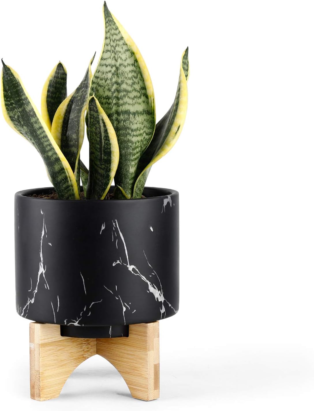 Greenaholics Medium Plant Pot - 5.5 Inch Black Marble Ceramic Planters for Small Snake Plant Seeding, with Arched Bamboo Stand