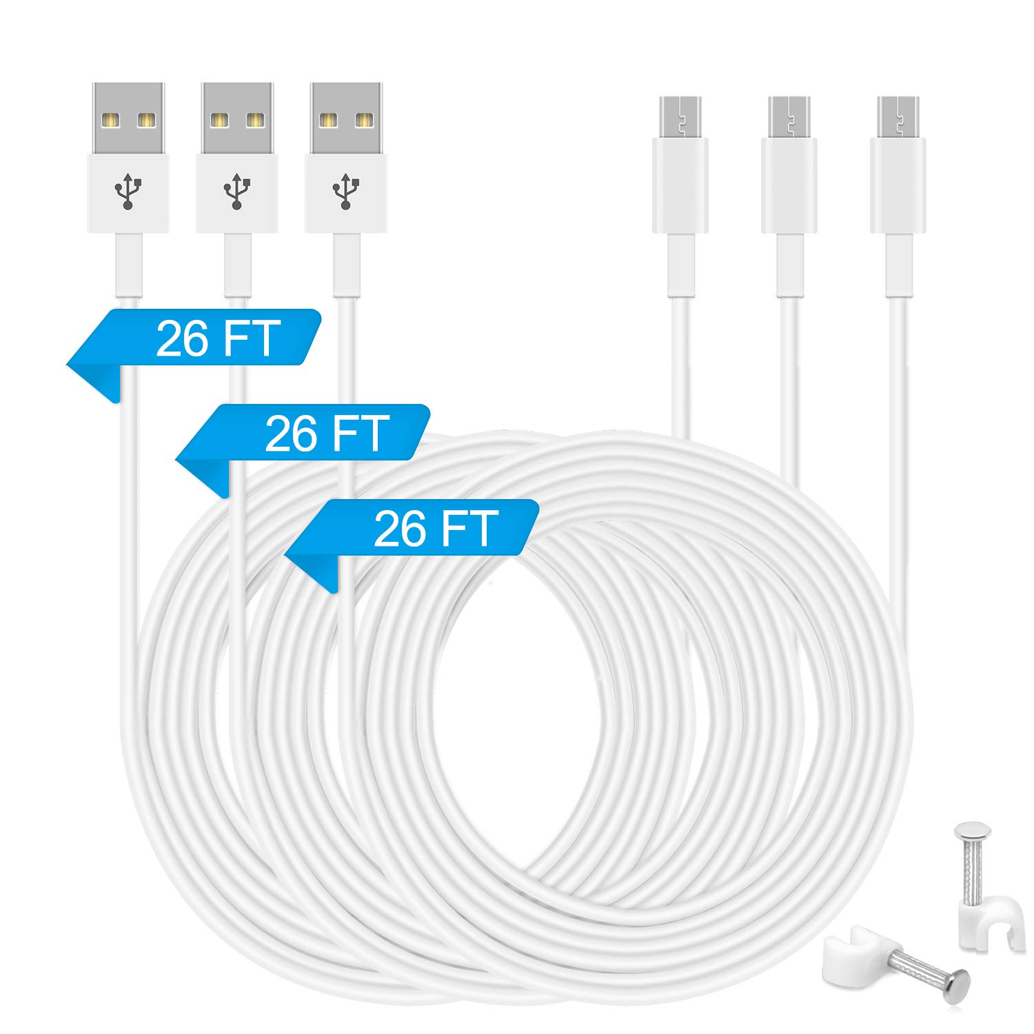 3 Pack 26FT Power Extension Cable for WyzeCam,Wyze Cam Pan,YI Camera,NestCam Indoor,Netvue,Furbo Dog,Blink,Amazon Cloud Cam etc,USB to Micro USB Charging Cord for Security Camera with Wire Clips Nails