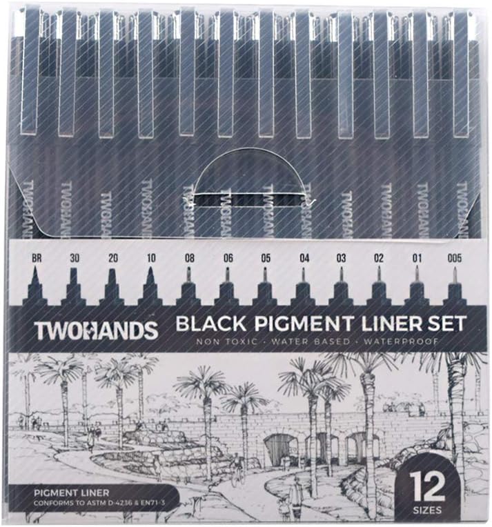 TWOHANDS Set of 12 Micro Pens, Fineliner Ink Pens, Pigment Pen, Technical Drawing pen, Black, Waterproof, for Art Watercolor, Sketching, Anime, Manga, Scrapbooking : Office Products