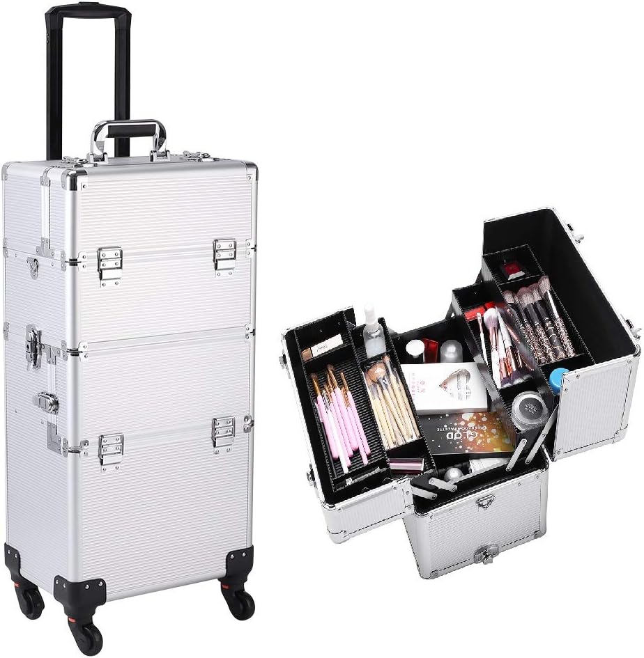 Makeup Train Case,Amailtom 3 in 1 Professional Rolling Trolley Makeup Case Cosmetic Train Case Portable Aluminum Artist Beauty Train Case Cosmetic Organizer Box with 360° Wheels & Shoulder Straps