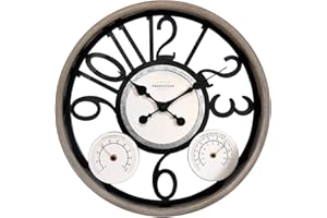 Presentime & Co. 18" Cotswold in/Outdoor Farmhouse Clock, Weather Thermometer & Hygrometer, Weather Station, Faux Wood Finish, Wall Art & Timepiece for Farmhouse & Outdoor Décor, Light Gray Oak Color