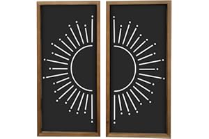 flangairy 2pcs Boho Wall Decor With Wood Framed, Wooden White And Black Sun Wall Art, Minimalist Bedroom Bathroom Living Room Rustic Farmhouse Decorations For Home