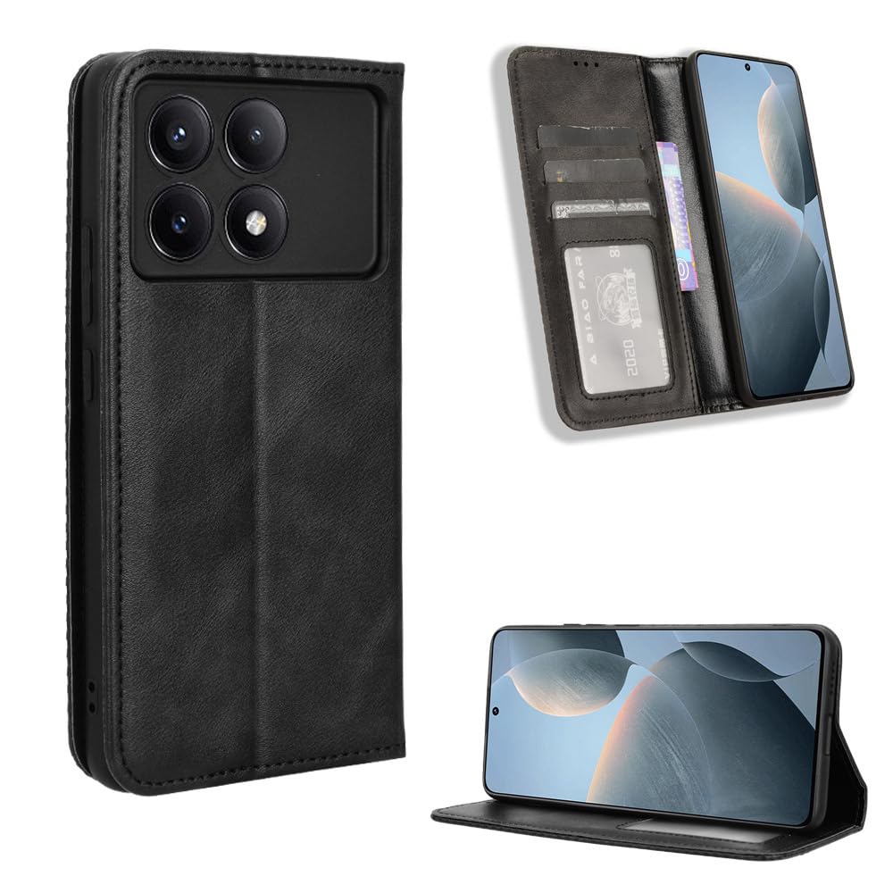 COMAKU Compatible with Xiaomi Poco F6 Pro Case Leather - Flip Cover Protection magnetic Phone Case wallet with Card Holder - Black