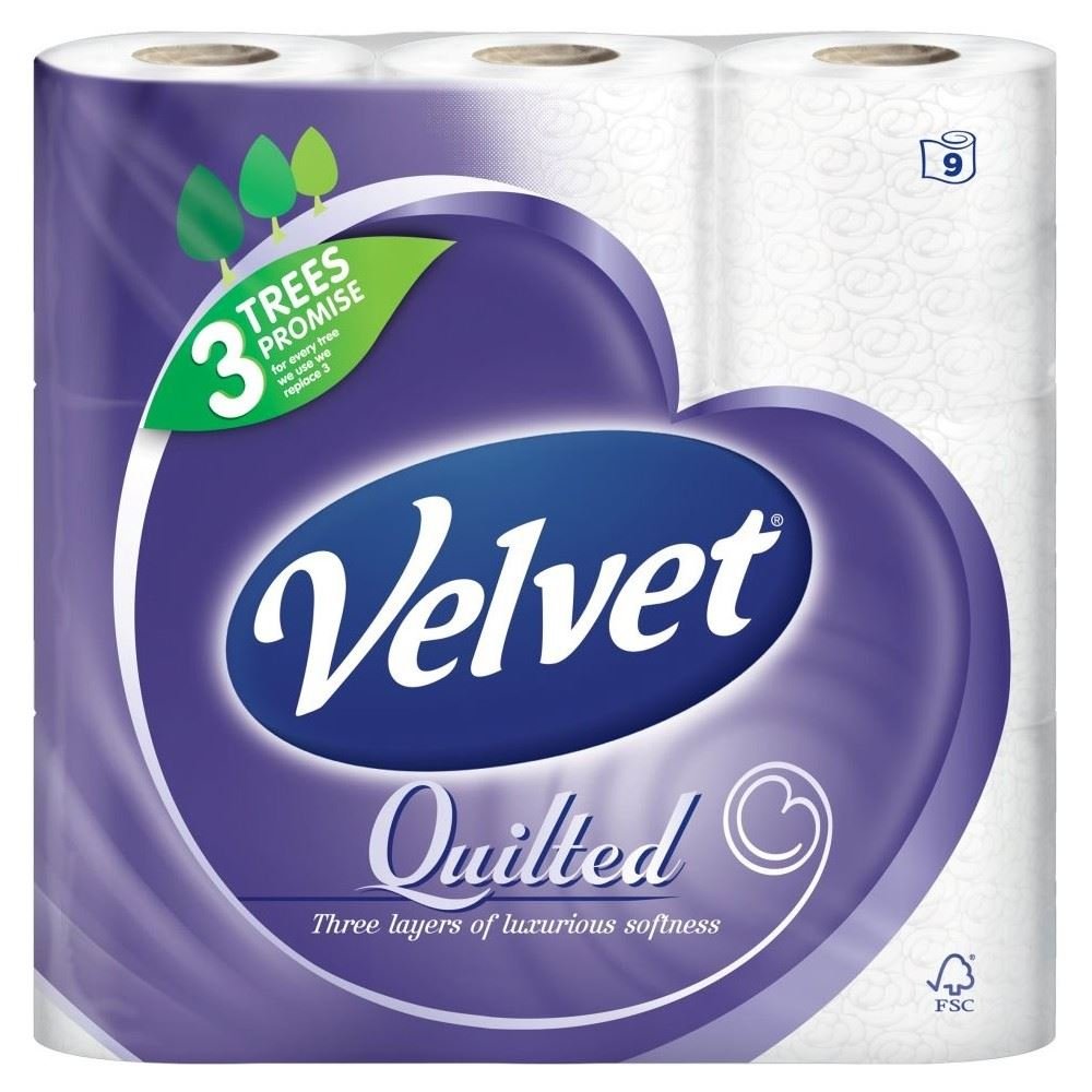 Velvet Quilted White Toilet Tissue 165 Sheets per Roll (9) Pack of 6