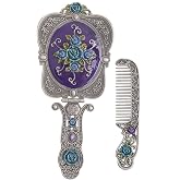 Vintage Hand Mirror Comb Set - Vanity Handheld Makeup Mirror Antique Pewter | Russian Style Embossed Rose, Vanity Handheld Makeup Metal Travel Handle Portable Foldable Decorative Tabletop Stand Women